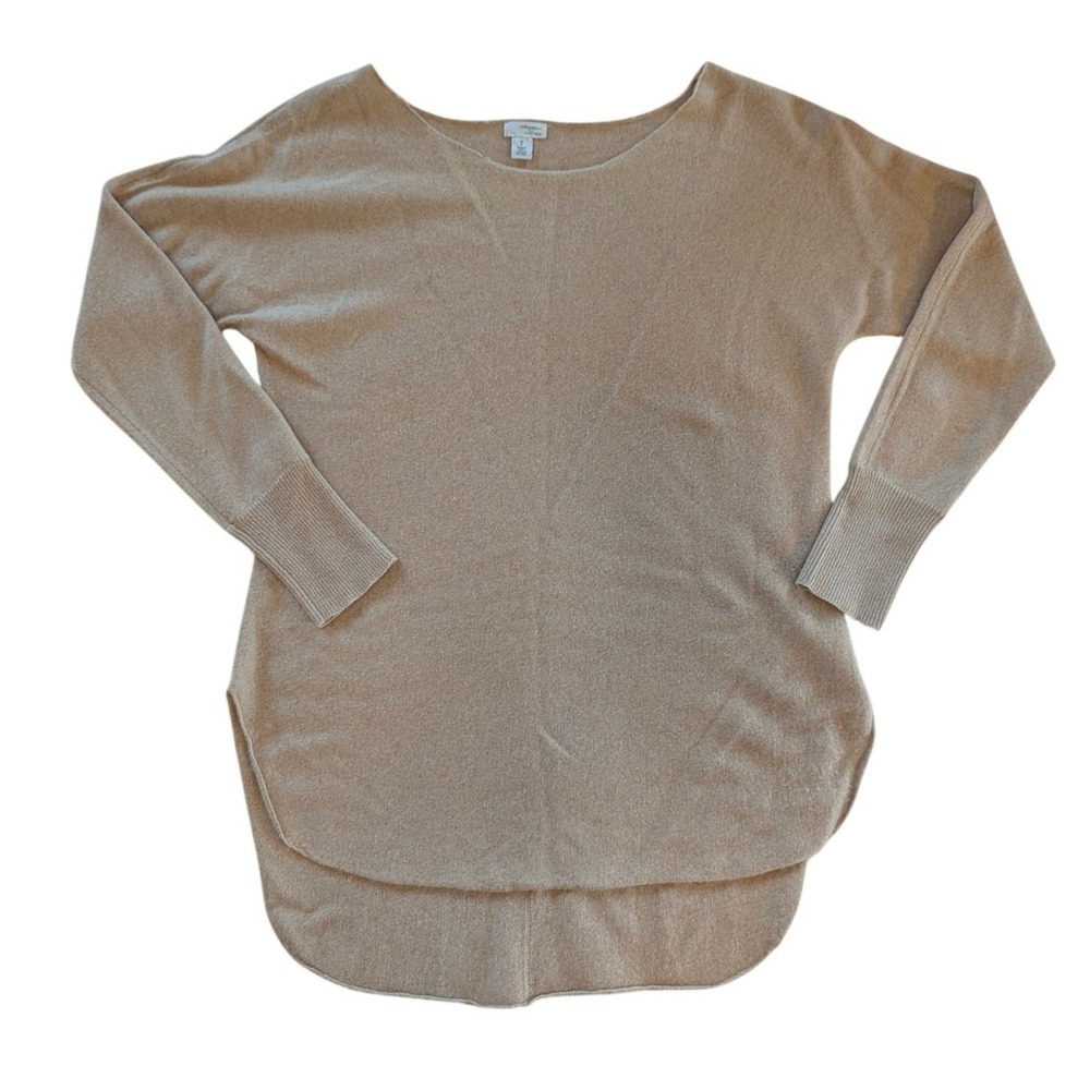 Halogen Cashmere Sweater Tan Beige Medium M Long Sleeve High Low Boat‎ Neck Knit